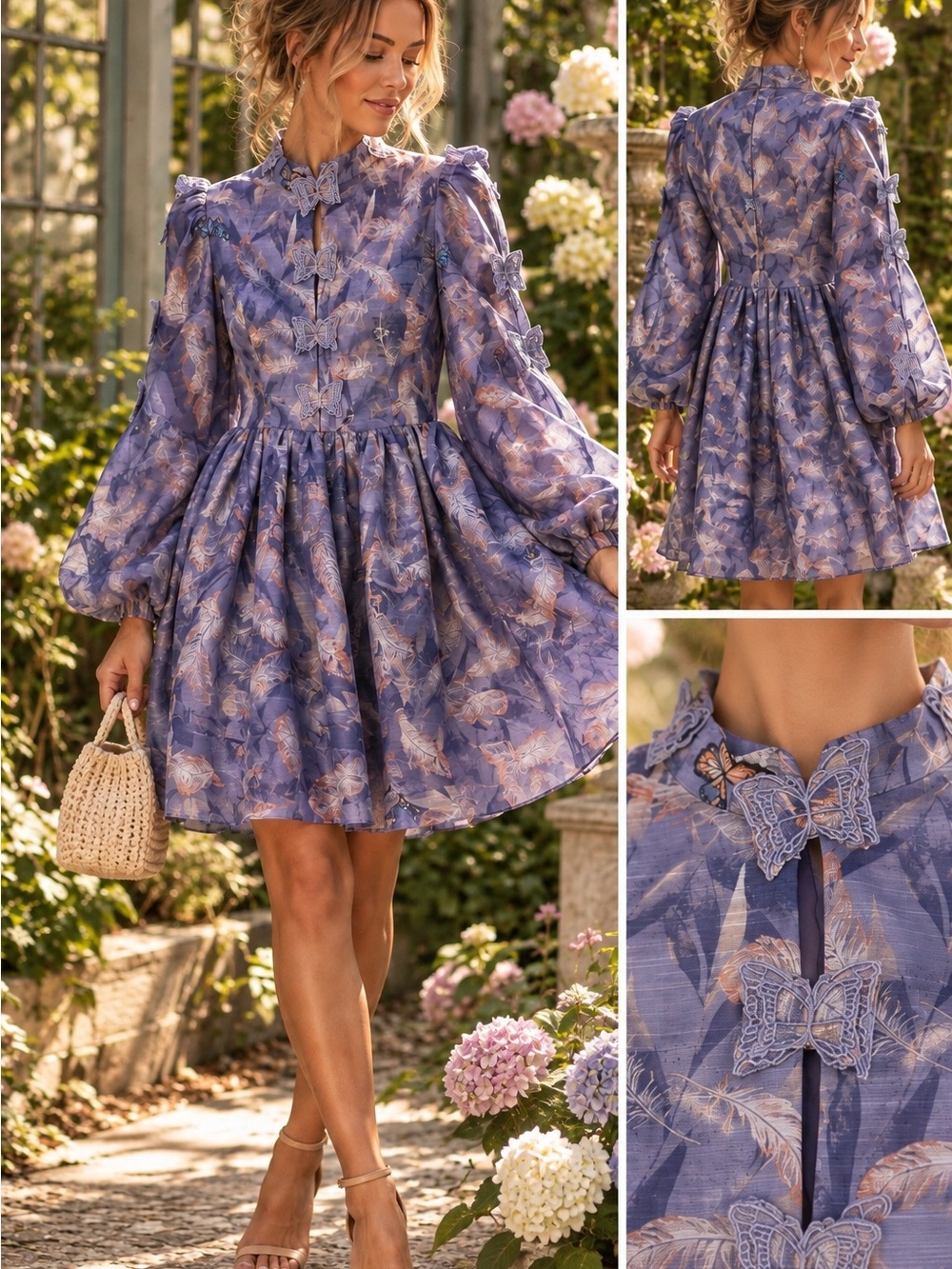 Ina Lavender Butterfly Puff-Sleeve Mini Dress
